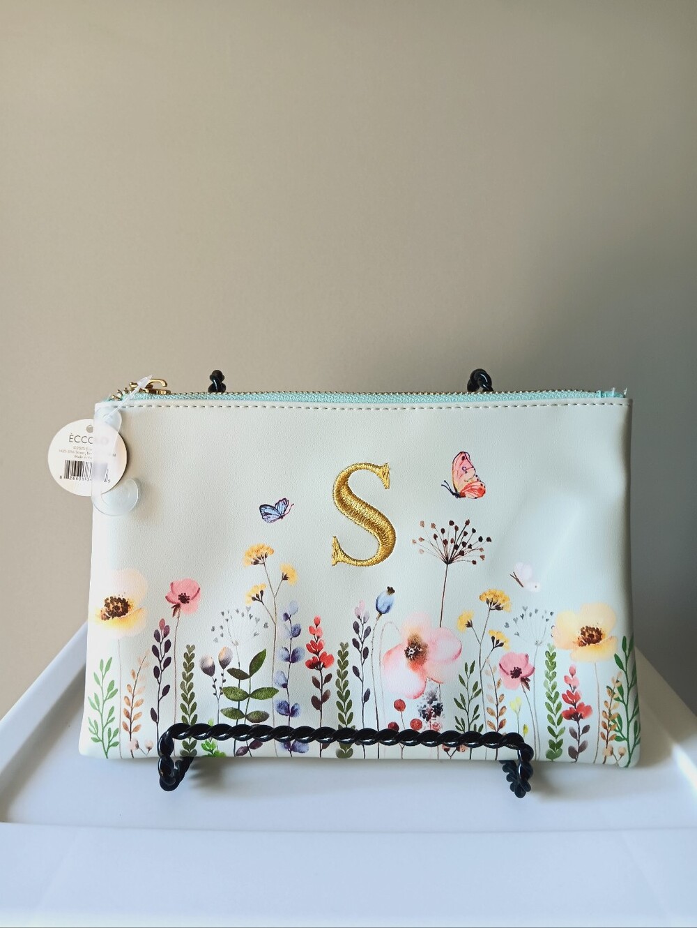 Eccolo S Deluxe Pouch Cosmetics Bag Flowers Light Aqua Blue Gold Zipper 9" Width